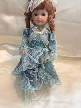 Porcelain Fashion Doll in Blue Lace Dress - Brand Unknown